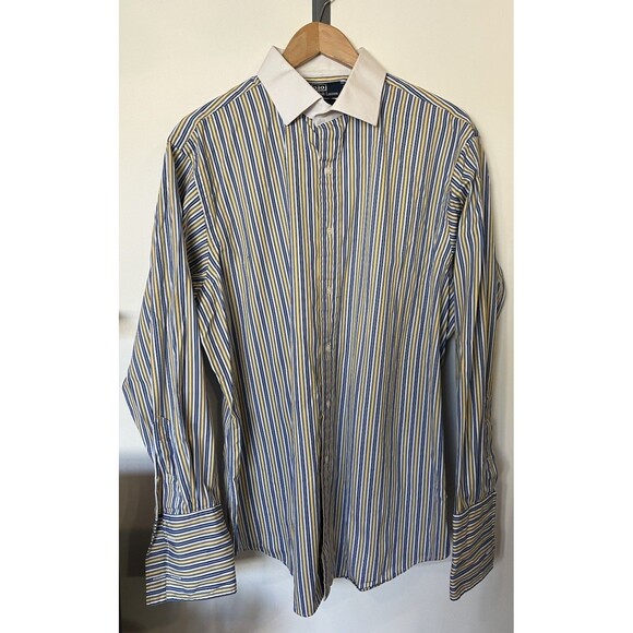Vintage Polo Ralph Lauren Yellow Blue Stripe Regent Fit Button Down Shirt 17-34 - Picture 1 of 8